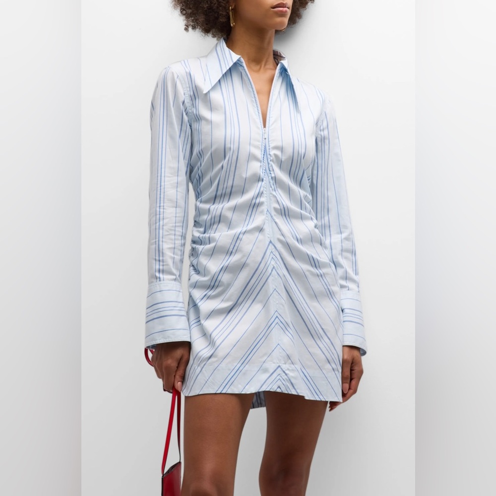 GANNI Striped Twill Fitted Zip-Front Tunic Dress